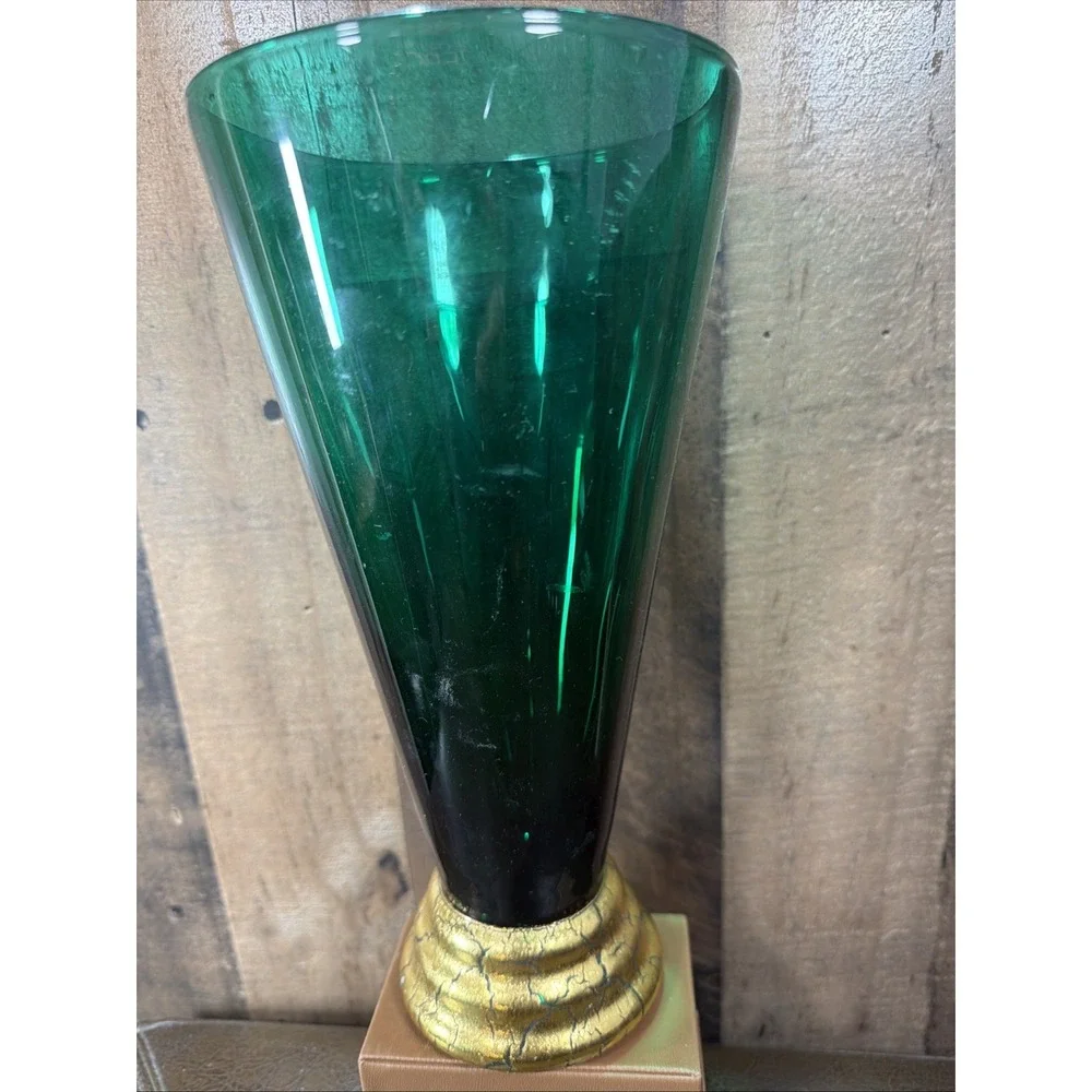 Cristallerie Emerald Green Glass Trumpet Vase Gilded Pedestal Base Vtg Italy 11